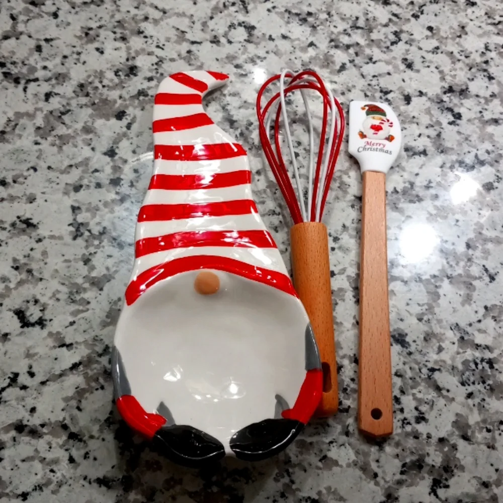CWC 3-pc. Holiday Baking Tools Set In Red / White Spoon Rest| Spatula | Wihisk